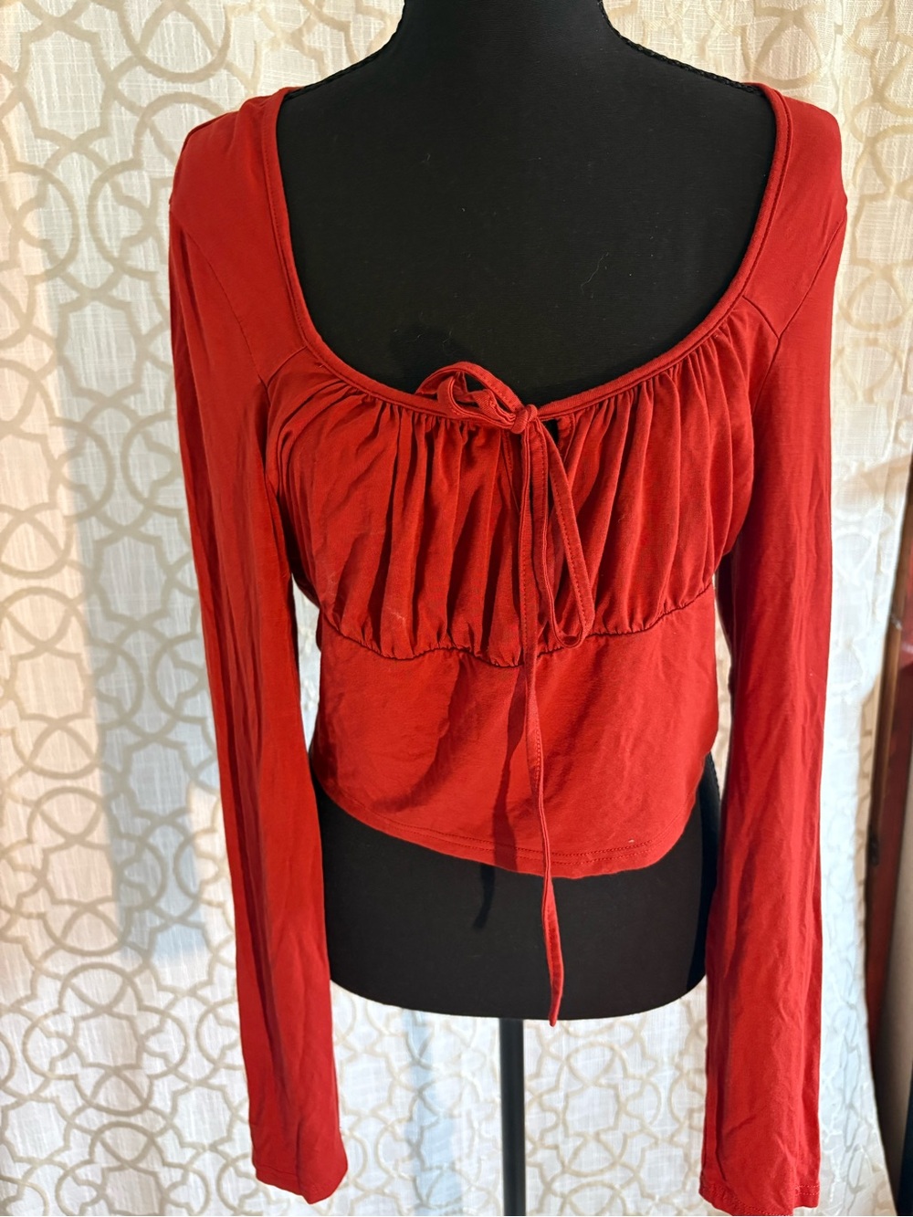 SHEIN Red Long-Sleeve Scoop Neck Tie-Front Top